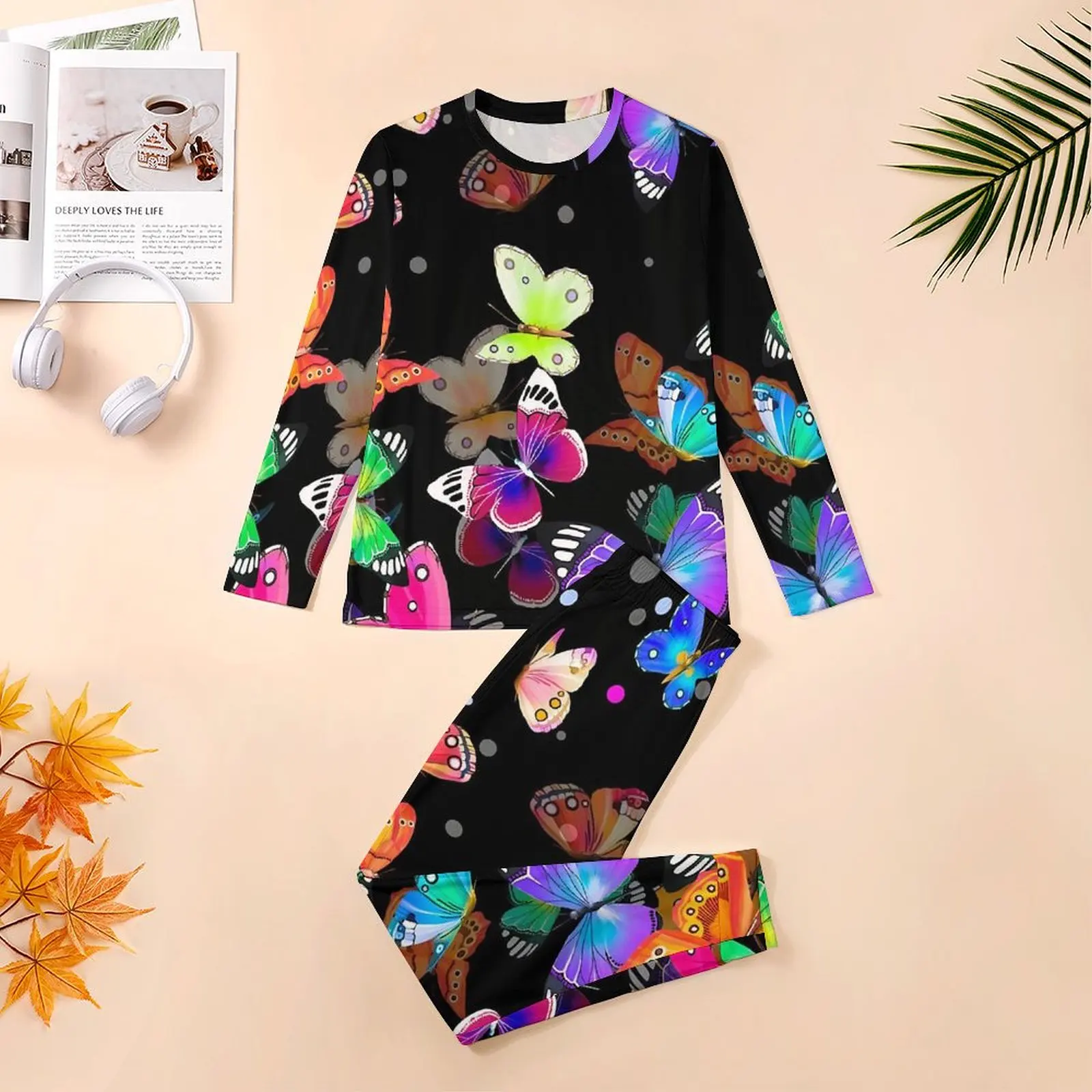 Colorful Butterflies Pajamas Animal Man Long-Sleeve Retro Pajamas Set 2 Piece Sleep Daily Graphic Nightwear Gift Idea