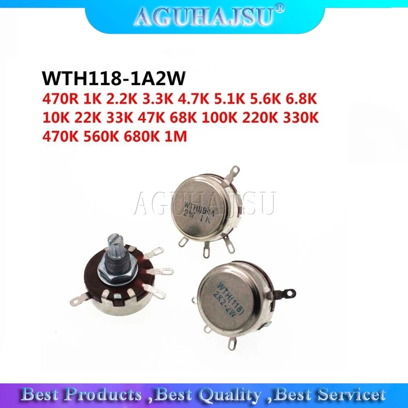 2PCS WTH118 2W 1A Potentiometer 1K 2.2K 4.7K 10K 22K 47K 100K 470K 1M WTH118-2W Round Shaft Carbon Rotary Taper Potentiometer