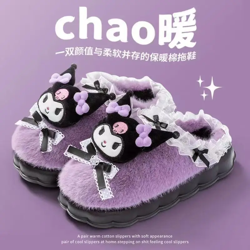 

Милые хлопковые тапочки Sanrio Kuromi Cinnamoroll, женские аниме «Hello Kitty», противоскользящие теплые плюшевые тапочки с толстой подошвой, подарки для девочек