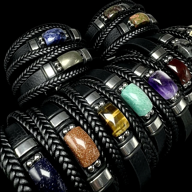 

New Natural Stone Amethyst Tiger Eye Amazonite Multi Layer Leather Bracelet For Men And Women Bohemian Jewelry Wholesale
