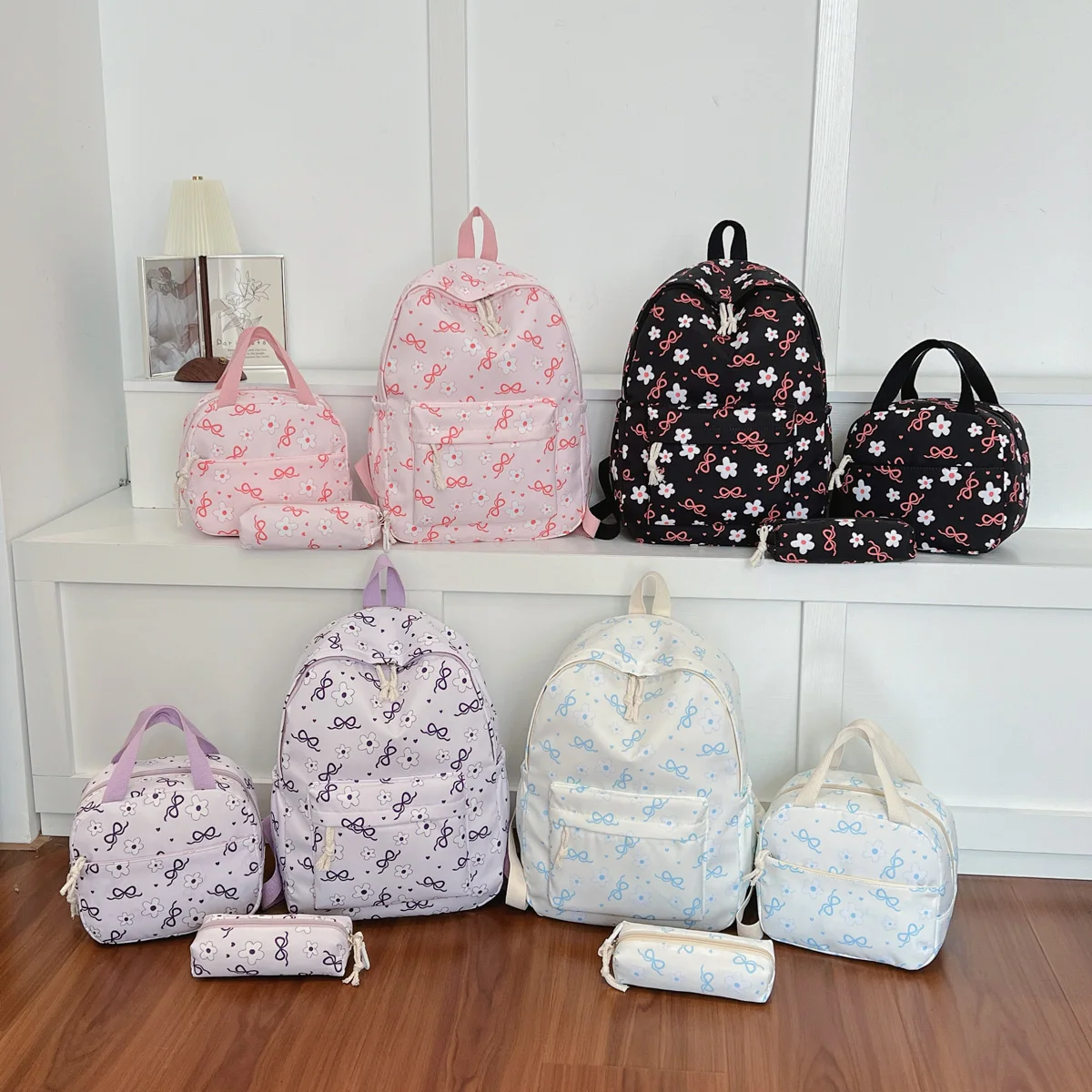 

High Beauty Sweet Cool Bow Flower Printed Backpack Lightweight Multifunctional Three Piece Backpack Set Campus Student Backpack