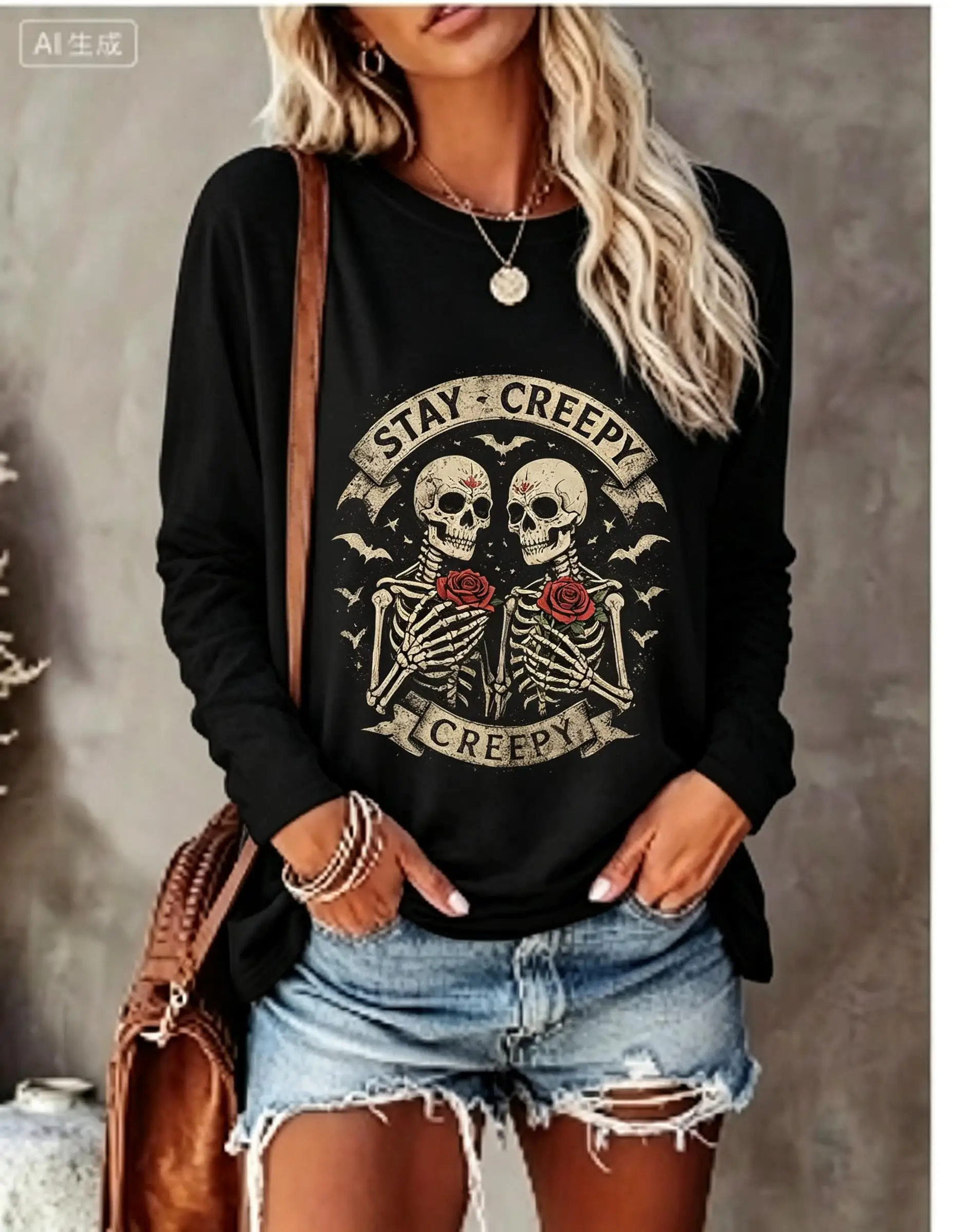 Women Halloween Long Sleeve T‑Shirt Stay Creepy Letter Skull Pumpkin Bat Vintage Print Crew Neck Tops