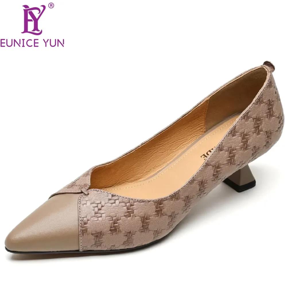 

【EUNICE YUN】Брендовая женская обувь из натуральной кожи с острым носком и пряжкой на ремешке, удобная пикантная обувь на тонком низком каблуке в стиле ретро, Новое поступление 34-41
