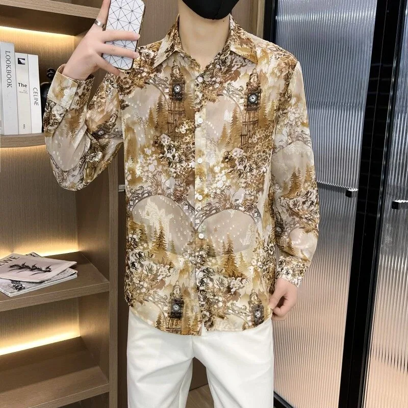 Summer Thin Ice Silk Sunscreen Shirts Men's Trendy Jacquard Casual Long Sleeev Shirt Social Nightclub Streetwear Men Clothing