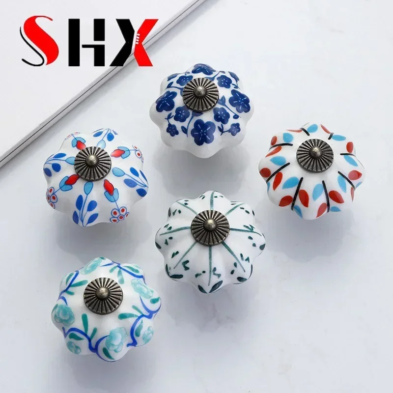 SHX Garden American Pumpkin Ceramic Handle Single-hole Hand-painted Ceramic Handle Cabinet Door Drawer Furniture Handle 40MM