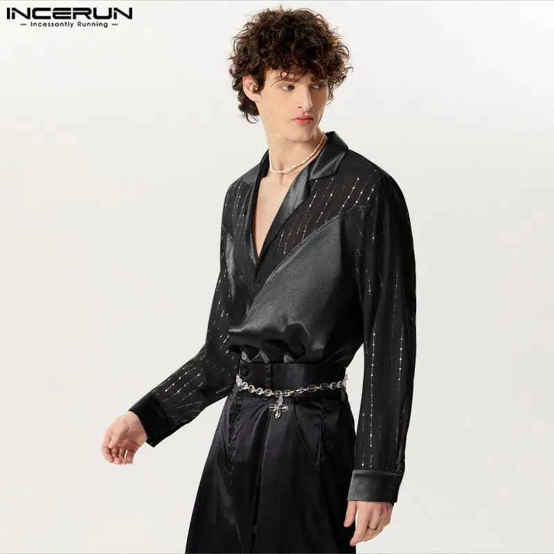 INCERUN-Camisas masculinas Glitter Sequin Patchwork V-Neck, Tops casuais na moda, estilo Clubwear masculino, blusa de manga comprida, S-5XL, 2024