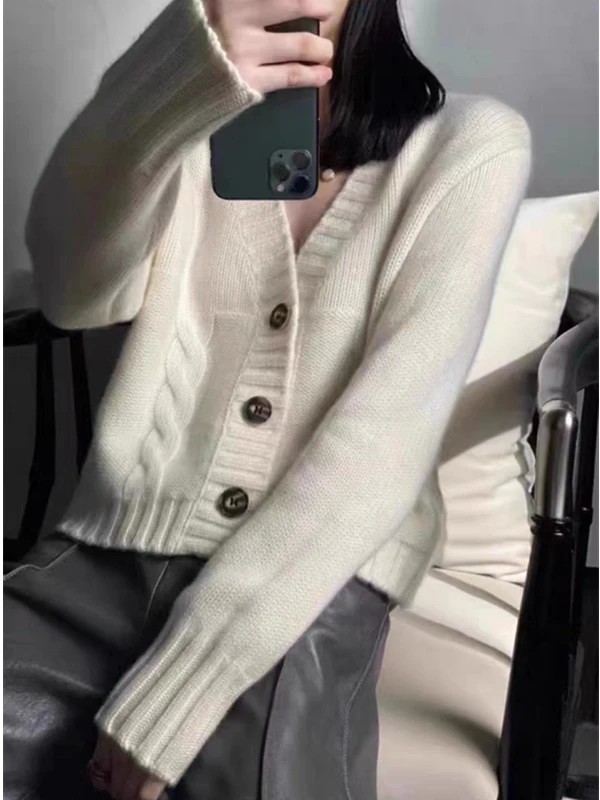 

Thiened Long Sve Knitted Sweater Cardigan Women's Loose Sle Autumn Winter Outerwear V-Ne Single Button Closure Warmth