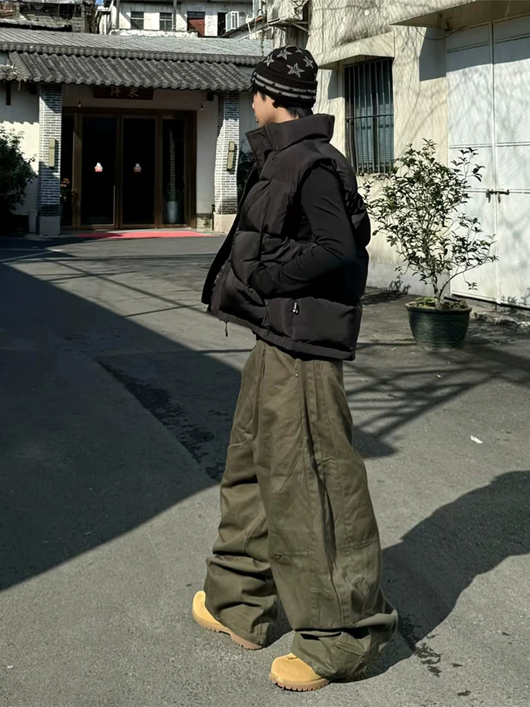 Black Stand Collar Thickened down Vest Set Men's Autumn Winter Fashion Casual Loose Fit No Sleeve High End Feeling Workwear