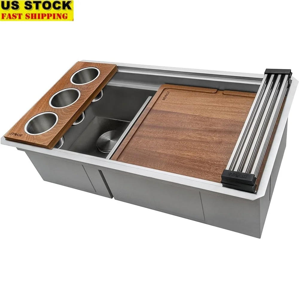 

33 Inch Workstation Kitchen Sink Dual Tier Undermount 16 Gauge Stainless Steel with Patented Accessories Ledge Offset Drain