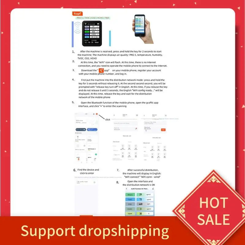 B44C Tuya Wifi 7 en 1 medidor de CO2 TVOC HCHO PM2.5 probador Sensor de CO2 Detector de Gas formaldehído blanco