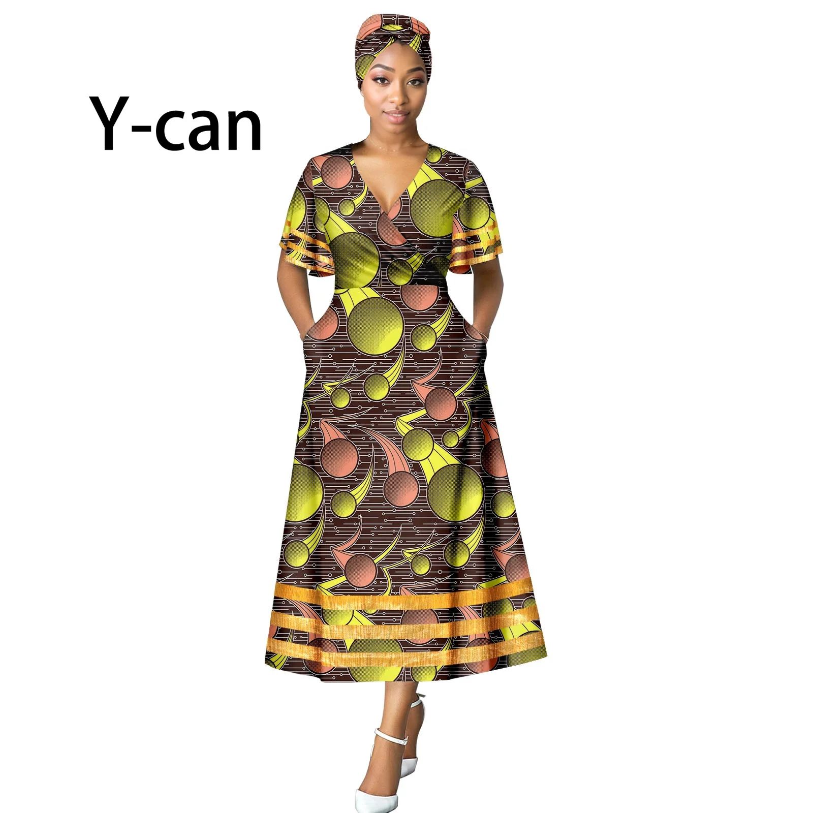 

African Women Dresses Sexy Elegant V-neck Evening Gown Dashiki Ankara Wax with Headwrap Bazin Riche for Ladies Y2325101