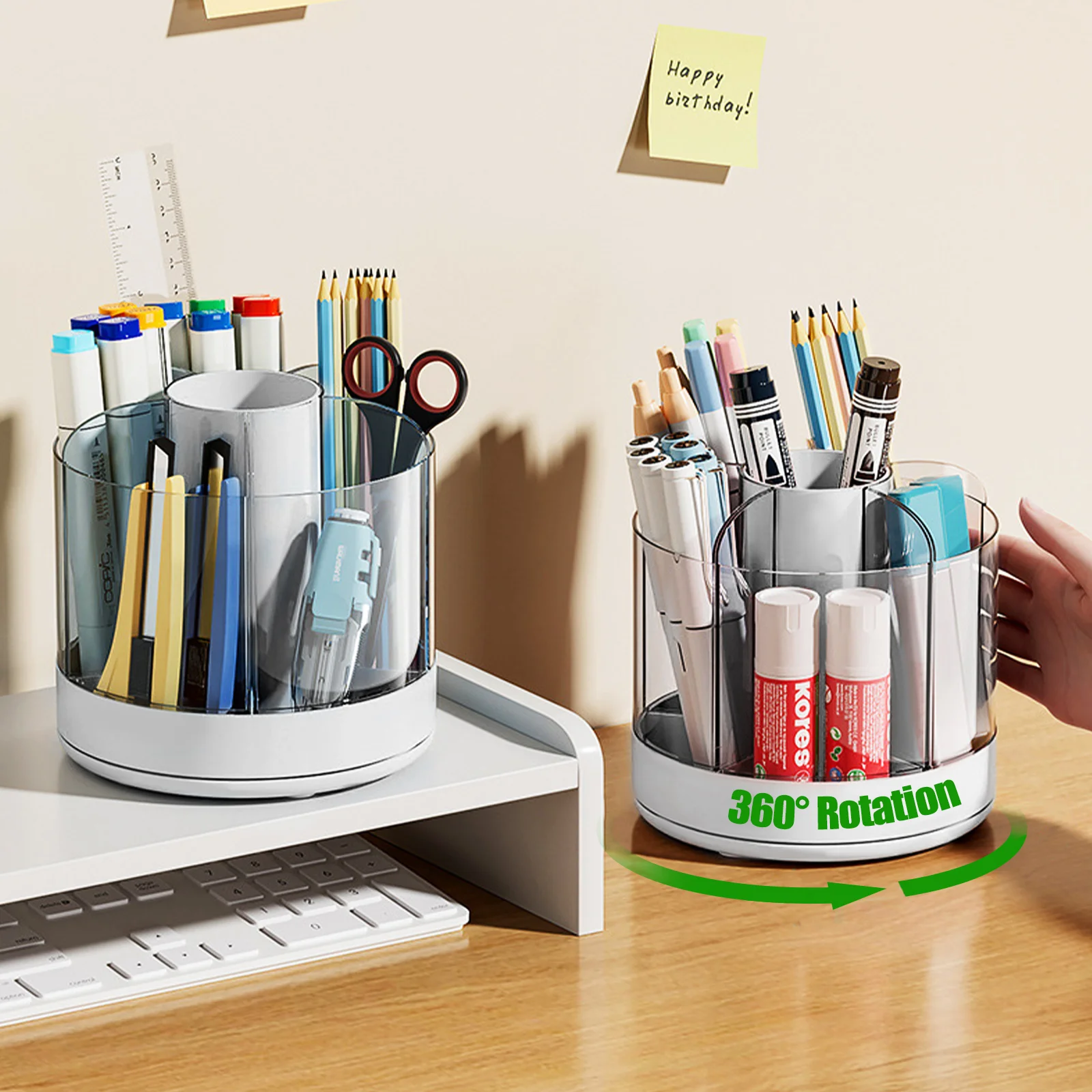 Rotating Pencil Organizer Large Capacity Round Desktop Storage Holder with 6 Compartments 360° Turntable Lipstick Organizer