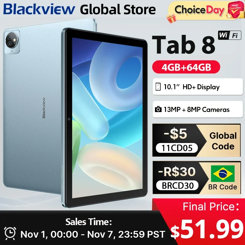 

Blackview Tab 8 WiFi планшет 10.1'' HD+ дисплей Quad Core 4 ГБ 128 ГБ 6580 мАч 2.4G/5G WiFi6 Android 12 планшет 13 МП задняя камера ПК