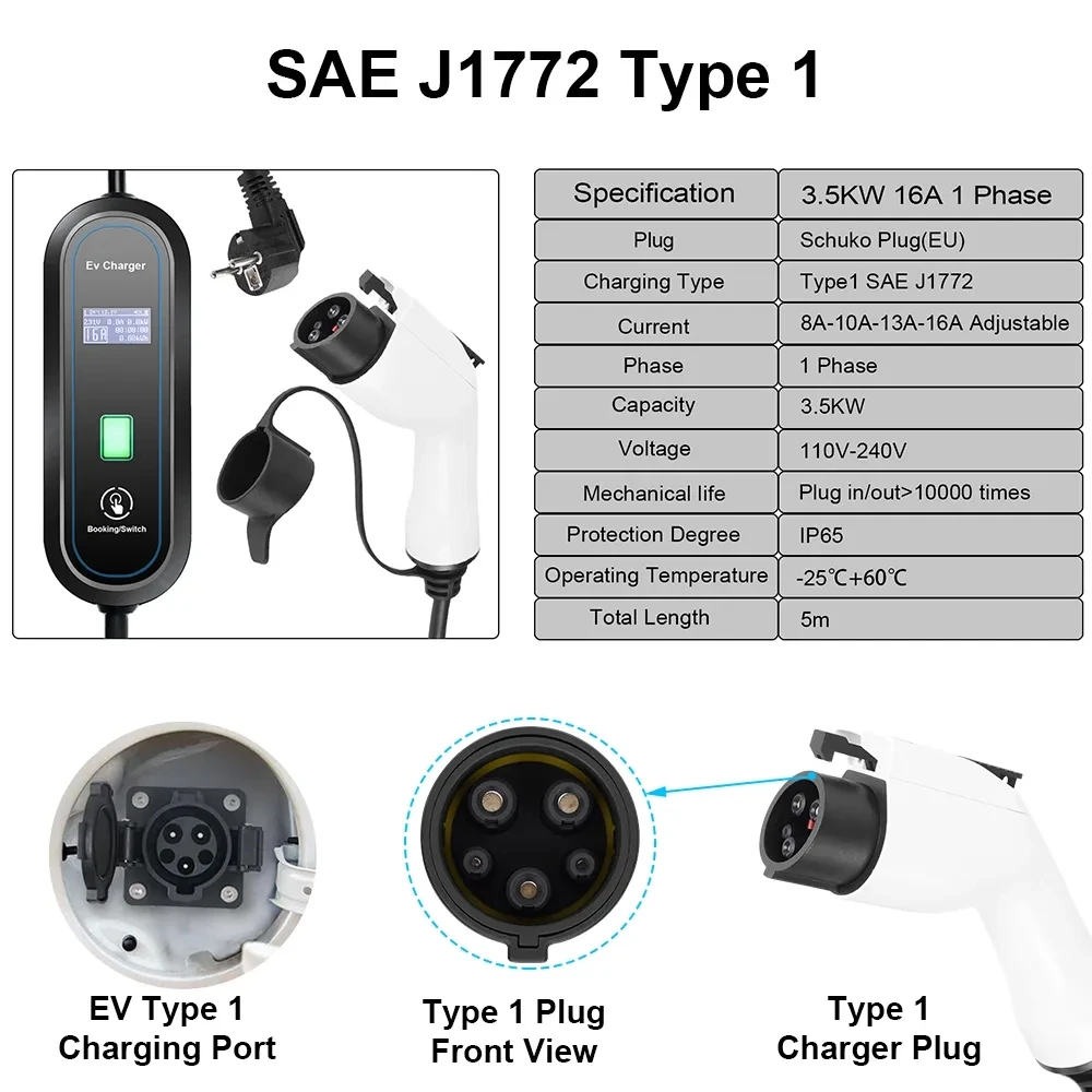 Teschev 220V 230V Level 2 EV Charger Type 2 16A 3.5kW GBT Electric Car Charging Cable J1772 Type 1 Wallbox for Electric Vehicles