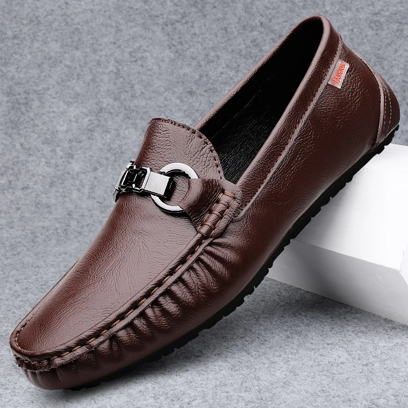 

Cow Leather Men Metal Buckle Low Heel Loafers Fashion Shoes Handmade Moccasins Soft Leather Slip on Flats Footwear Driving