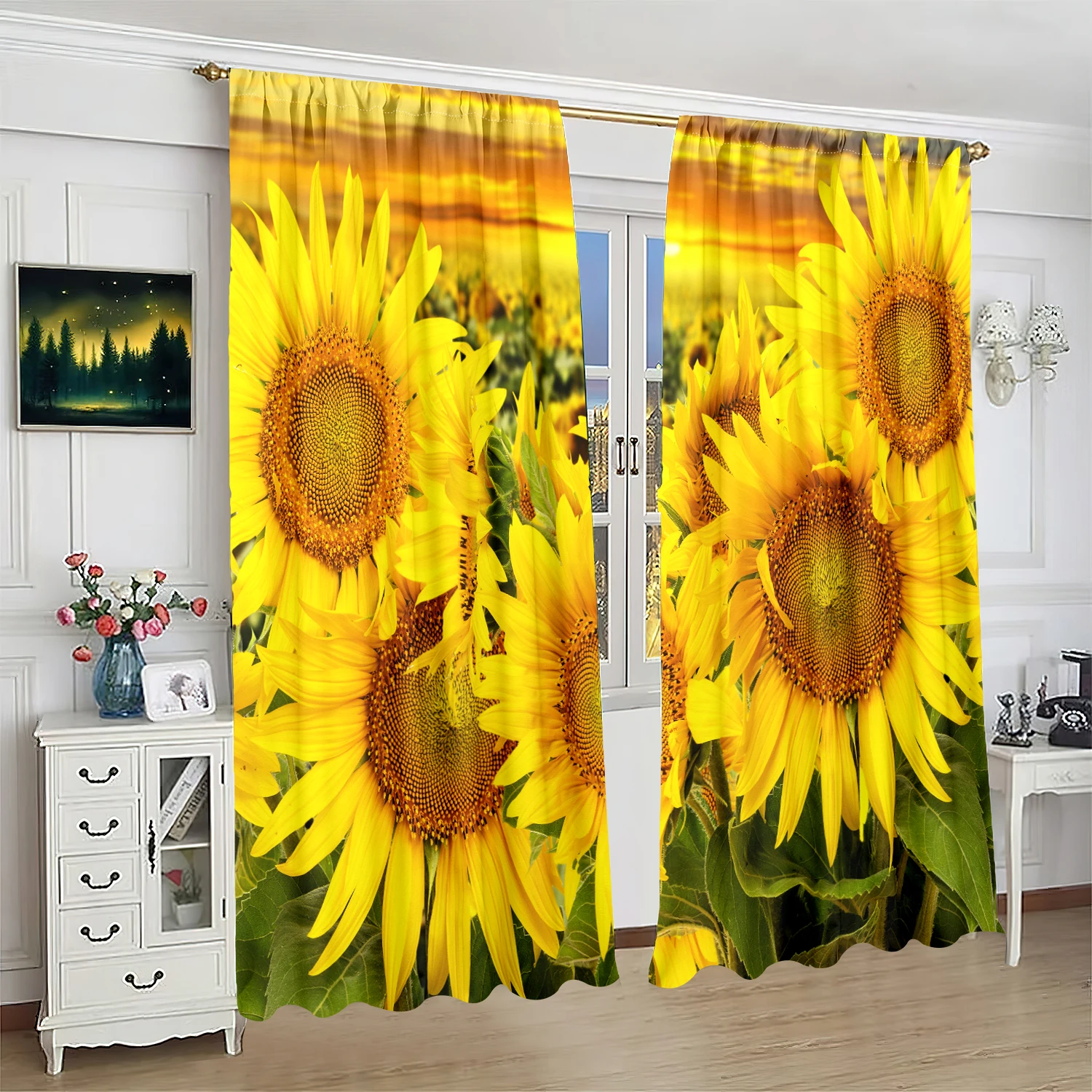 2 pieces - Sunflower - printed curtain - polyester material - for bedroom living room study anti-privacy curtain