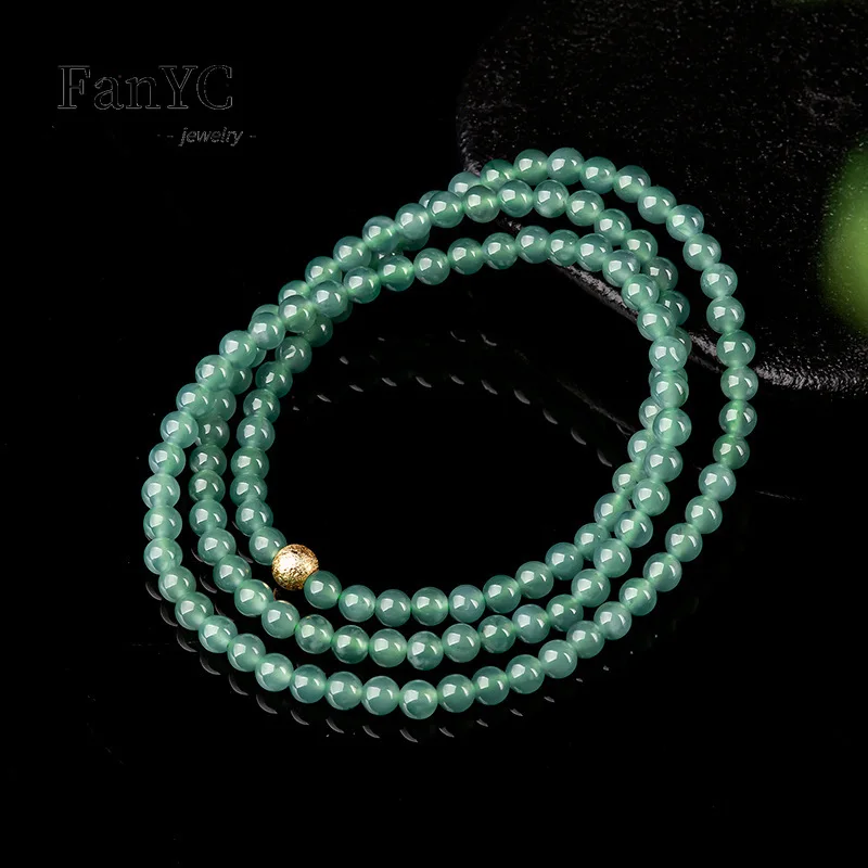 Myanmar A-goods Jadeite Blue Water 5mm Jade Bead Necklace Exquisite Fashion Ice Jade Three Circles Bracelet Ladies Gift