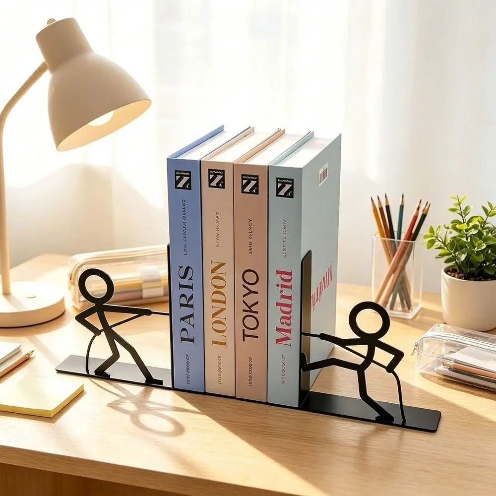 1Pair Minimalist Iron Art Metal Bookends Stick Figure Human Shape Book Stopper Desktop Decorative Bookend Home Office Desk