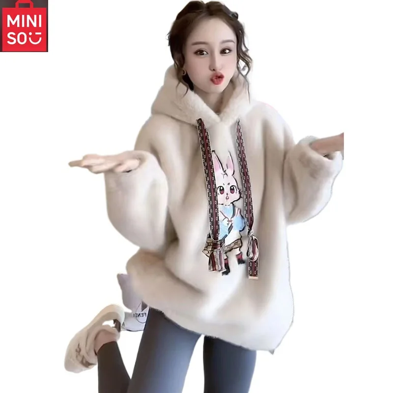 سترة بغطاء للرأس من فراء أرنب مينيسو مع مخمل سميك للدفء، فضفاضة وعصرية للخريف والشتاء، بلوزة مضادة للشيخوخة #5