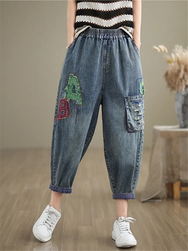 

Korean Fashion Ladies Punk Streetwear Womens Applique Blue Jeans Vintage Denim Trousers Harem Pants Women's Casual Jeans Summer