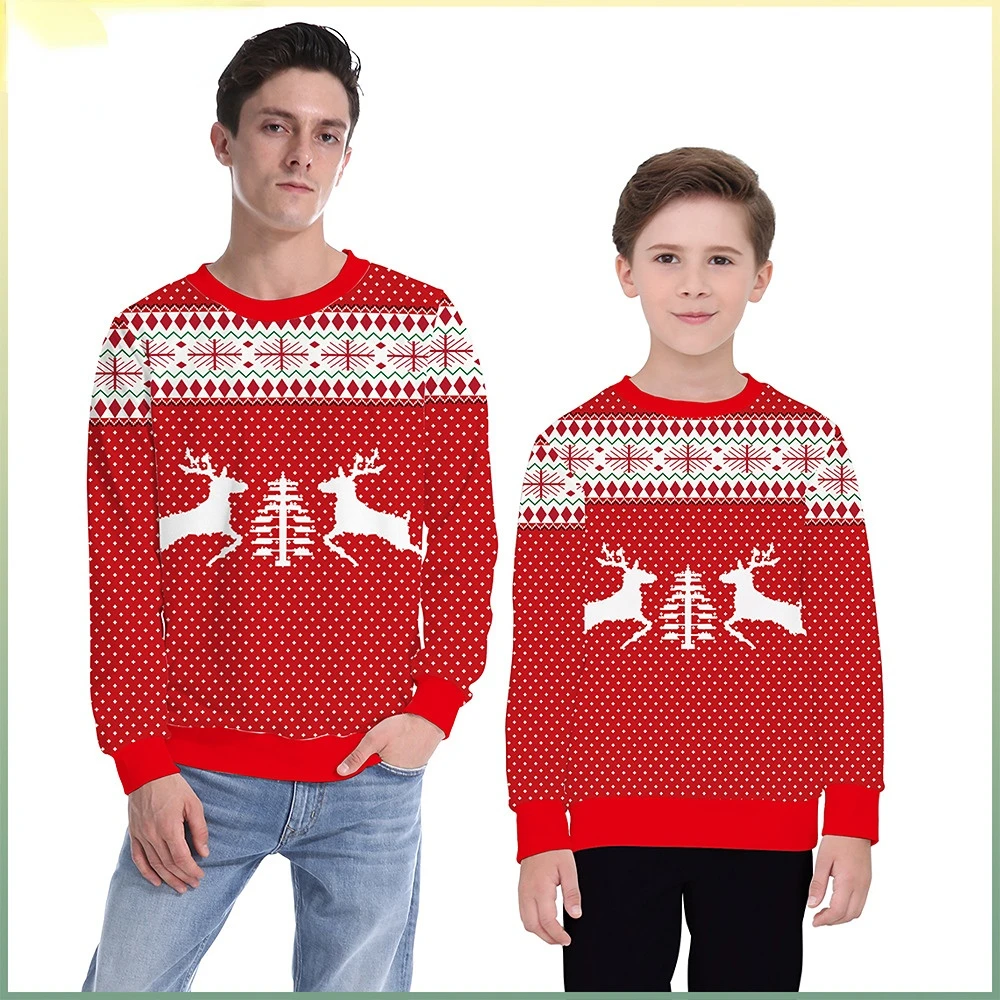 

Christmas cartoon reindeer print pullover round neck parent-child sweater