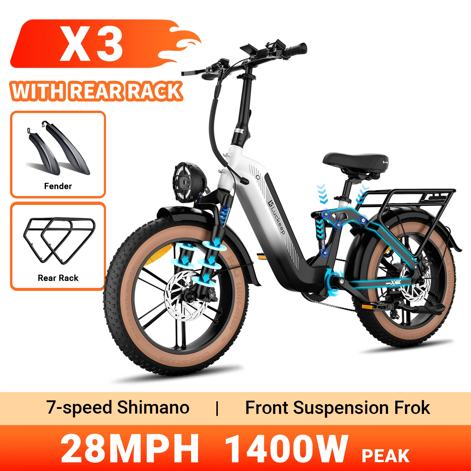 

Luckeep X3 Electric Bike for Adults 1400W Peak,15AH 28MPH 70Miles Ebike, 20" Fat Tire Full Suspension Adult Electric Bicycles
