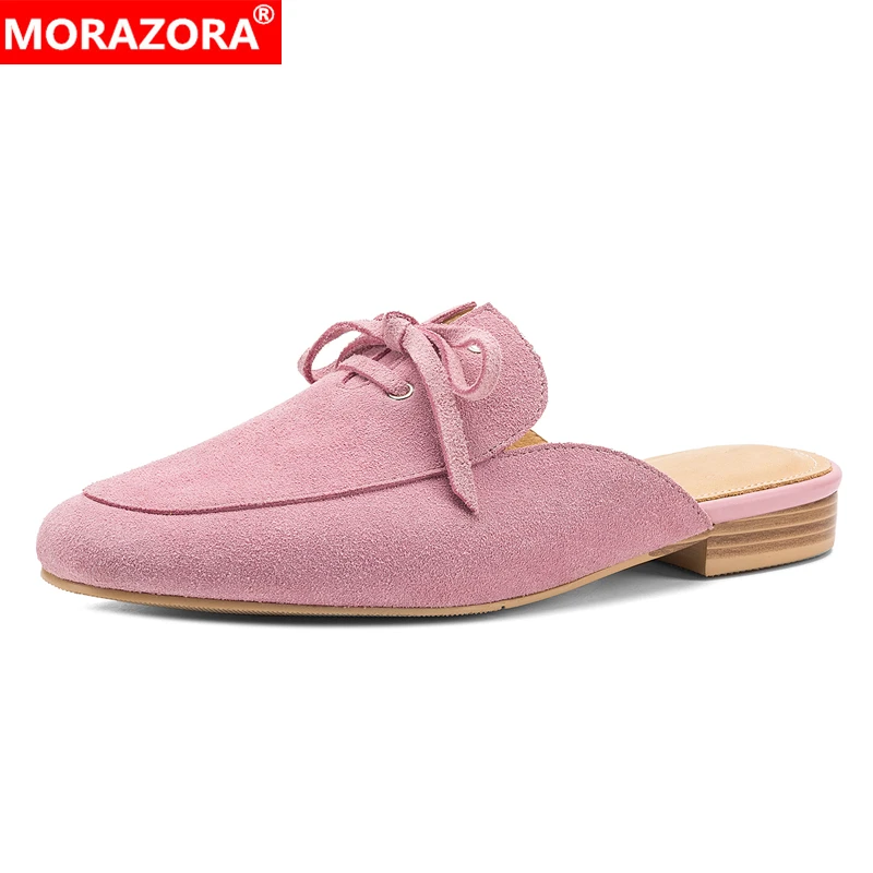 

MORAZORA Cow Suede Leather Women Mules Round Toe Flat Slippers Pink Yellow Fashion Slippers Dress Party Shoes