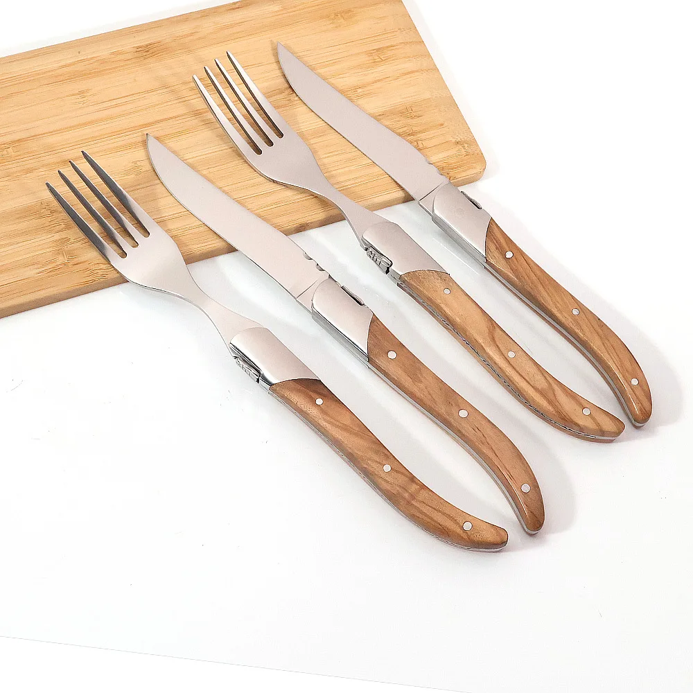 6pcs Laguiole Steak Knives Dinner Fork Table Knife Table spoon set Olive Wood Handle Dinnerware sets Stainless Steel Cutlery