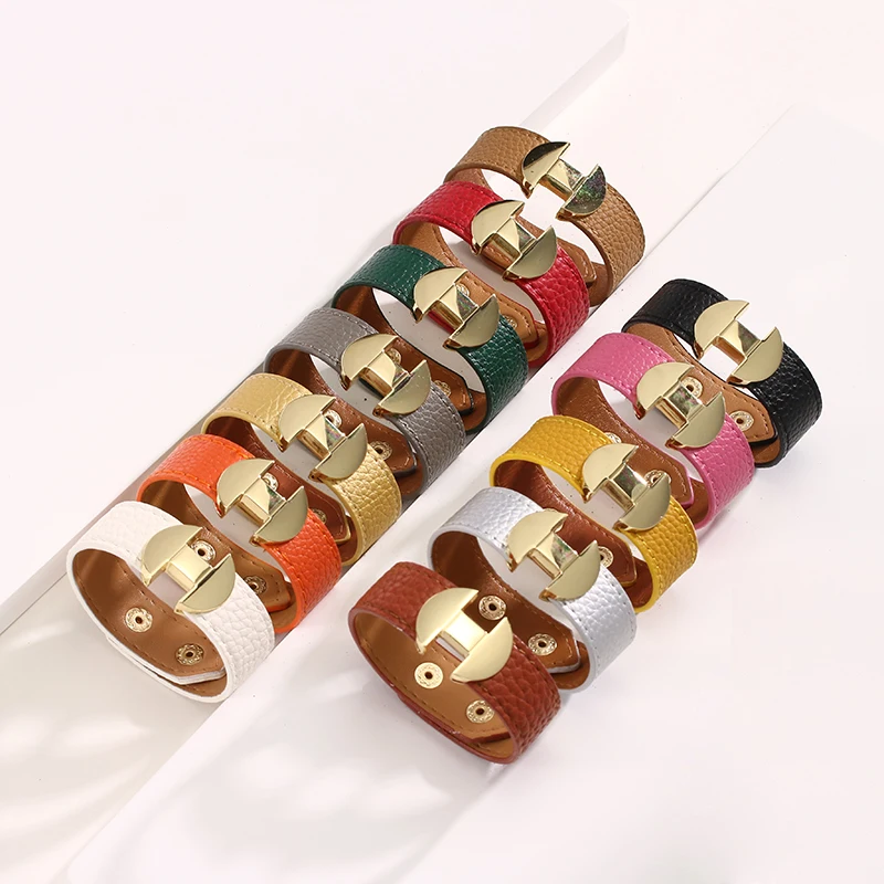 Gothic Punk Lychee Pattern Glossy Bracelets Belt Buckle PU Leather Women Men Multicolor Couple Bangles Fashion Top Jewelry