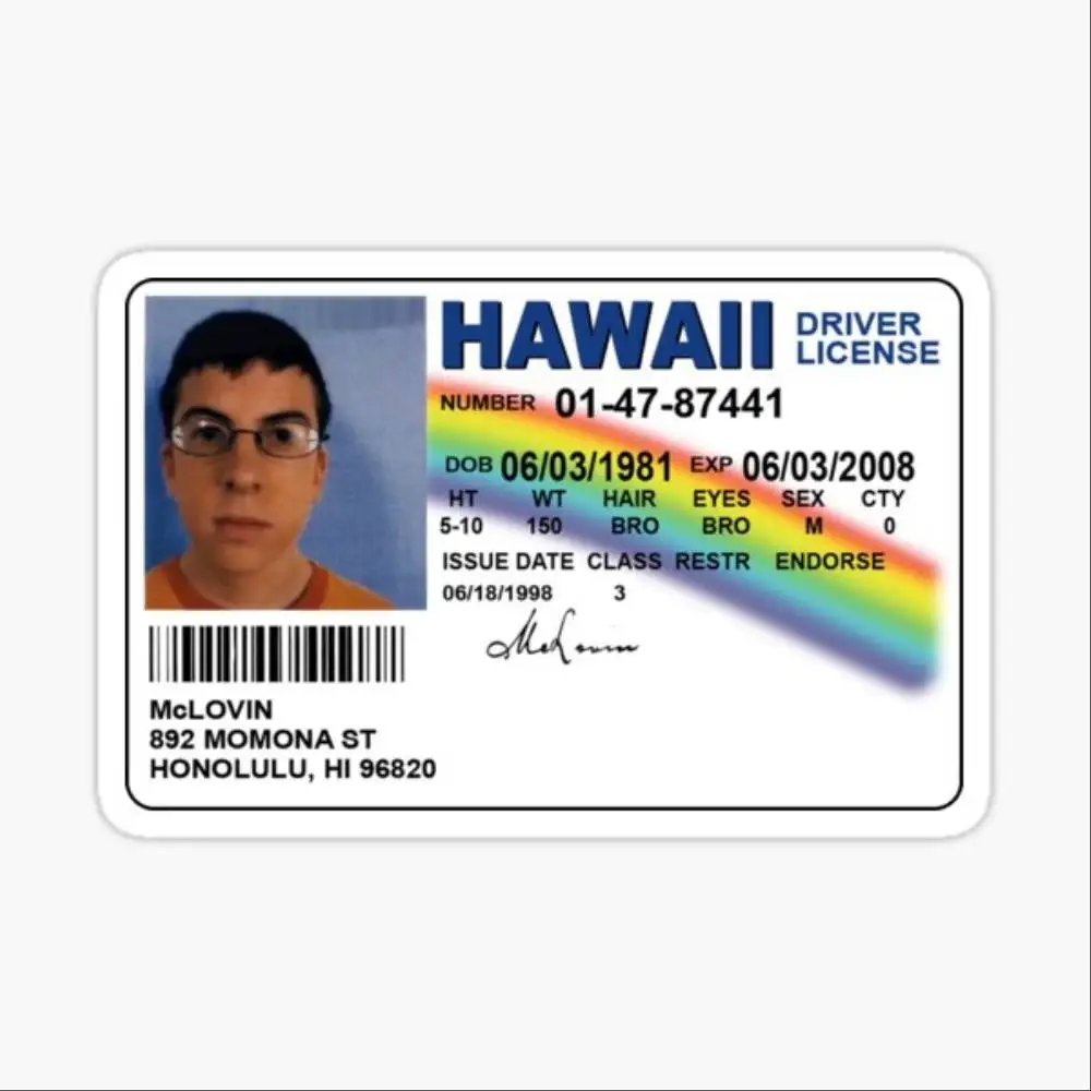 Mclovin Fake ID Funny Meme Waterproof Stickers For Decorating Car Windows Motorcycles And Computers.