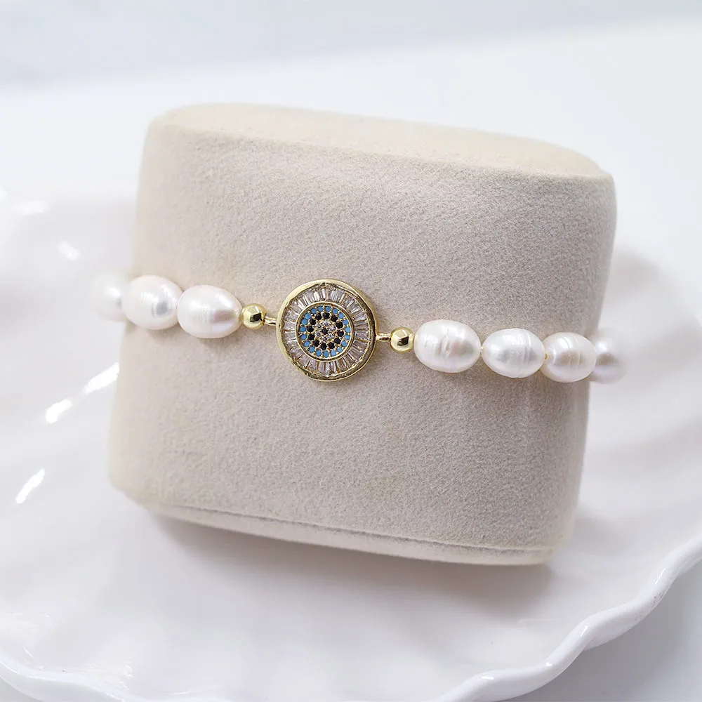 Fashion Bracelet Natural Freshwater Pearl Blue Evil Eye/Hamsa Hand/Heart CZ Zircon Luxury Jewelry Hot Wedding Gift For Women