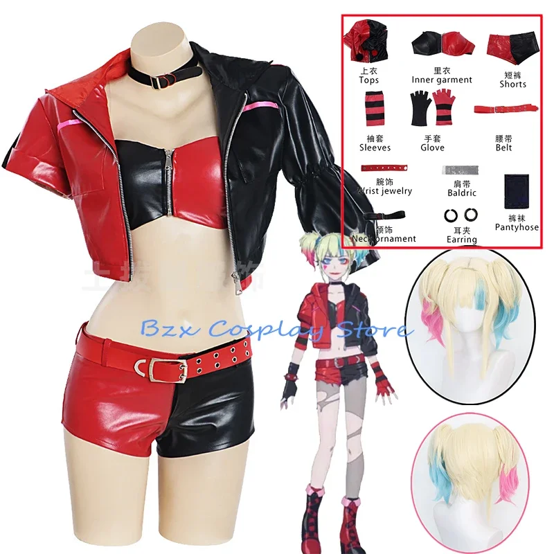 Movie Joke Harley Cosplay Anime Another World Quinzel Costume Sexy Uniforms Wig Set Halloween Party Role Clown Outfit for Women