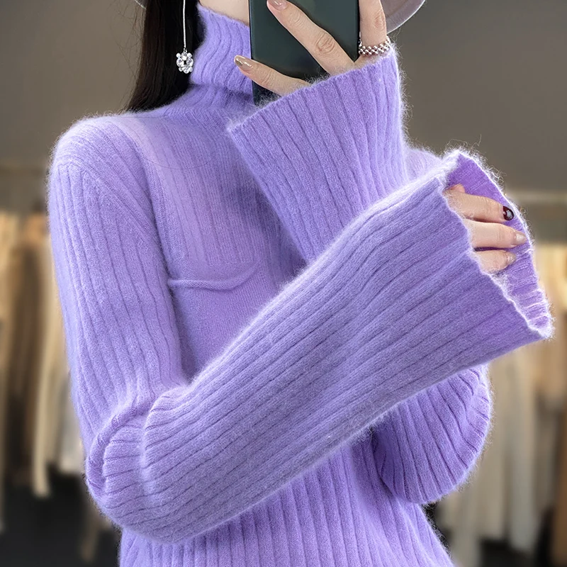 Ltalian Designer!Pure Mink Cashmere Sweater Women,High Pile Neck Knit Jumper,Wide Strip Large Size Long Sleeves,Autumn,Hot Sale