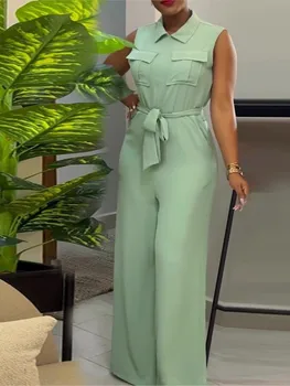 2024 frühling Sommer Ärmel Breite Bein Overall Frauen drehen-unten Neck Tasche Front Zipper Fly Straße Einteiligen Anzug Playsuits