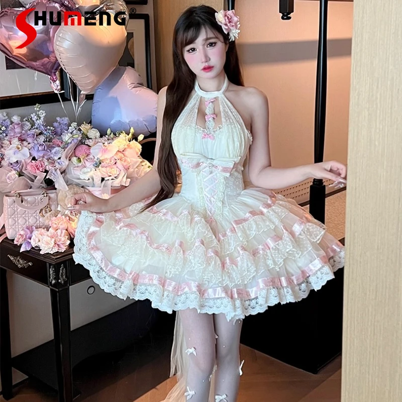 

Anniversary Party Princess Evening Dresses Woman's French Elegant Off-Shoulder Halter Sexy Mini Dress Girls Slim Fit Fairy Dress