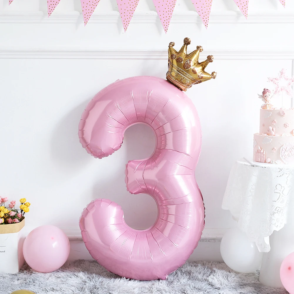 Globo con números de aluminio rosa y azul claro Pastel de 40 pulgadas con corona 1 2 3 4 5 6 decoración de boda para fiesta de cumpleaños de niño y