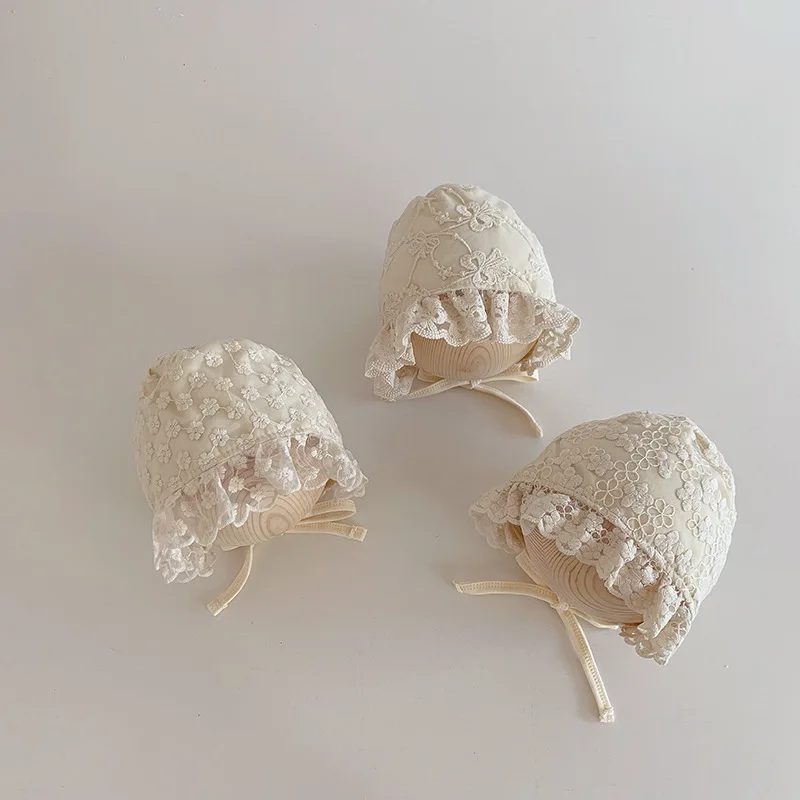 Cute Princess Infant Baby Photography Hat Beige Color Embroidery Floral Ruffle Hat Spring Summer Newborn Photography Props