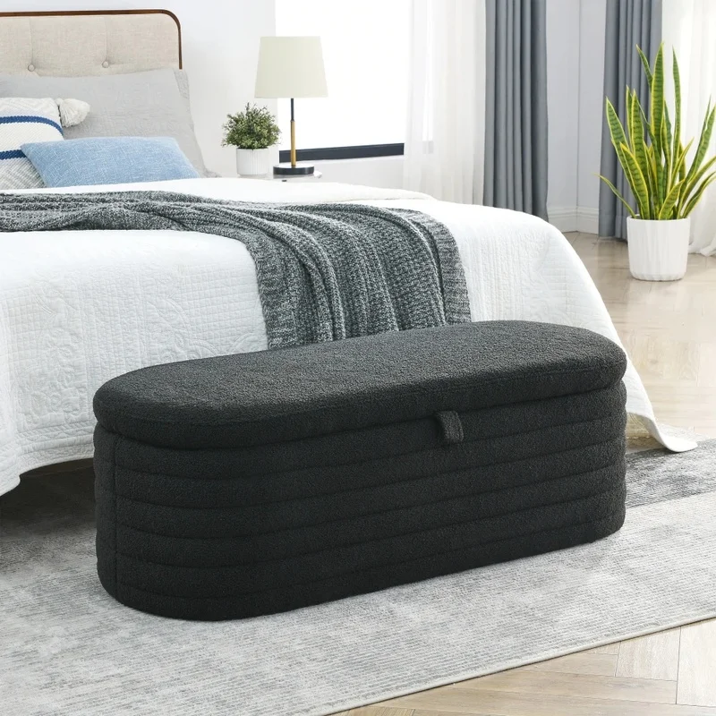 

45.5-Inch Storage Ottoman Bench Black Fabric for Bedroom, Living Room, Entryway