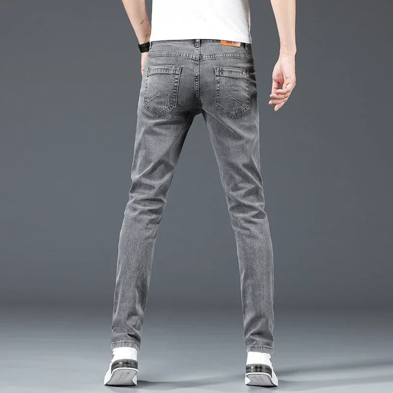 New Men's Cotton Business Casual Skinny Jeans Trendy Fashionable Stretch Straight Slim Denim Trousers Male Blue Grey