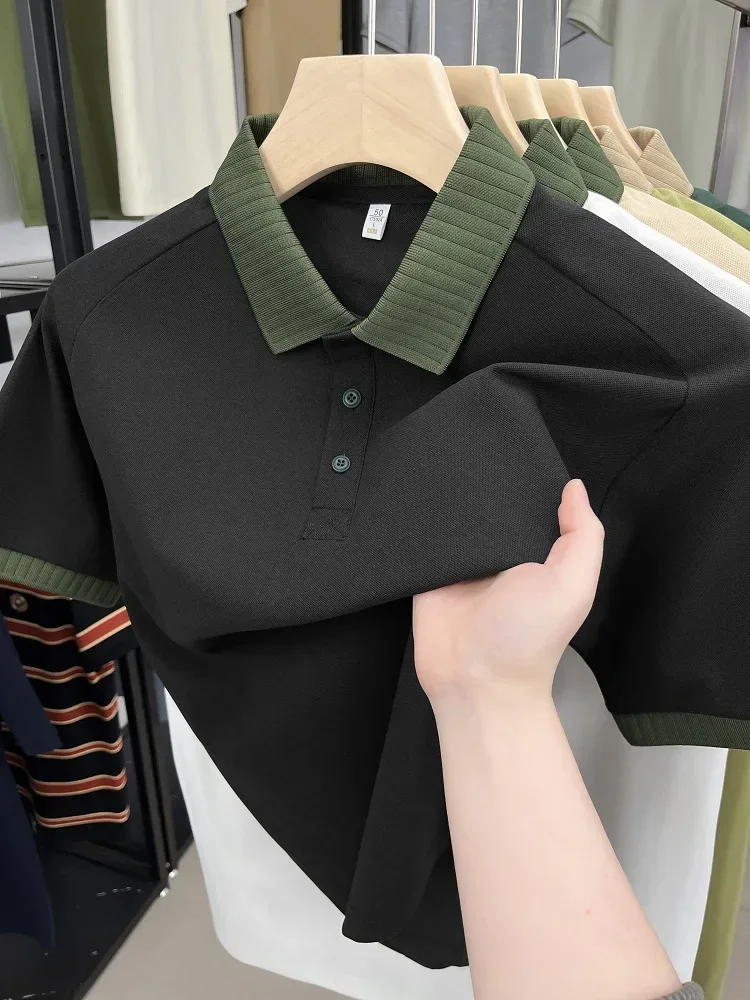 

2025 Fashion Short Sleeved Polo Shirt Men's Summer Trend Color Blocked Lapel Tops Youth Korean Casual Paul Golf T-shirts