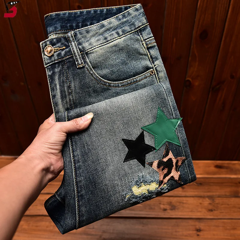 High Street Fashion Jeans Men's Autumn and Winter Clothing Hole & Patch Personality Star Patch Slim Fit Skinny Stretch Pants