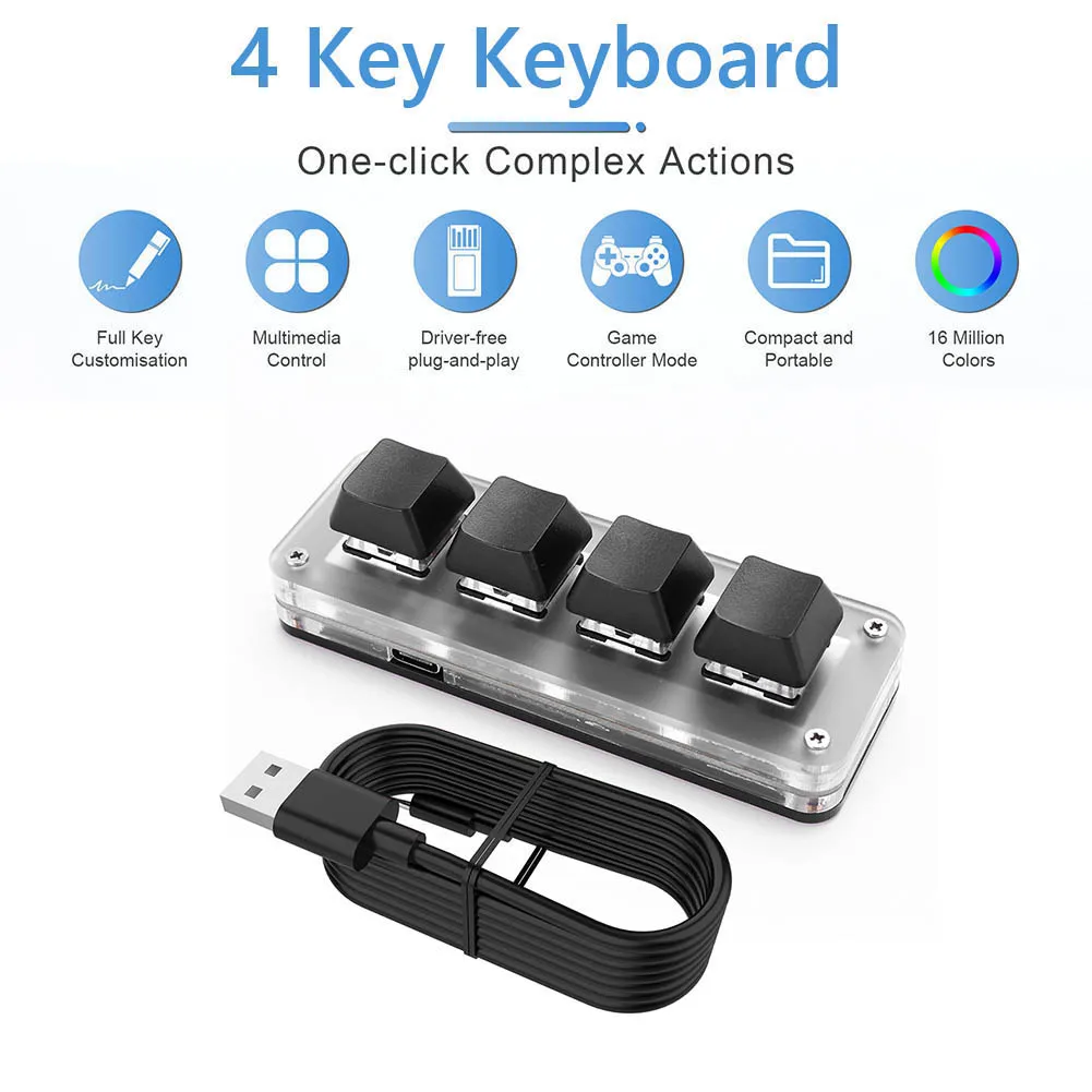 Teclado Mecânico Hotswap USB com 3 Teclas e 1 Botão/4 Teclas para Jogos Photoshop, Macropad com Interruptores Vermelhos para Gamers/Designers/Editores