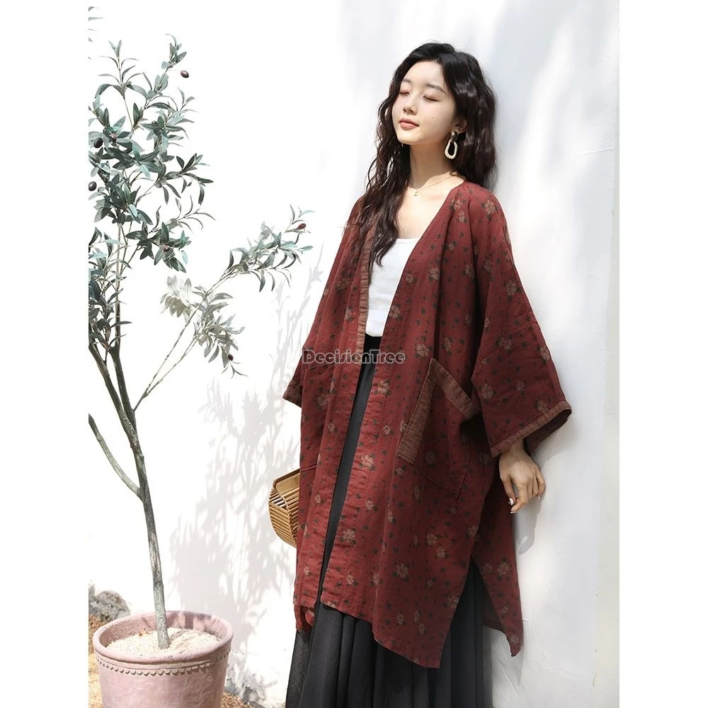 

2024 ethnic style linen printing coat medium length retro slit nine points sleeves cardigan chinese loose temperament outerwear