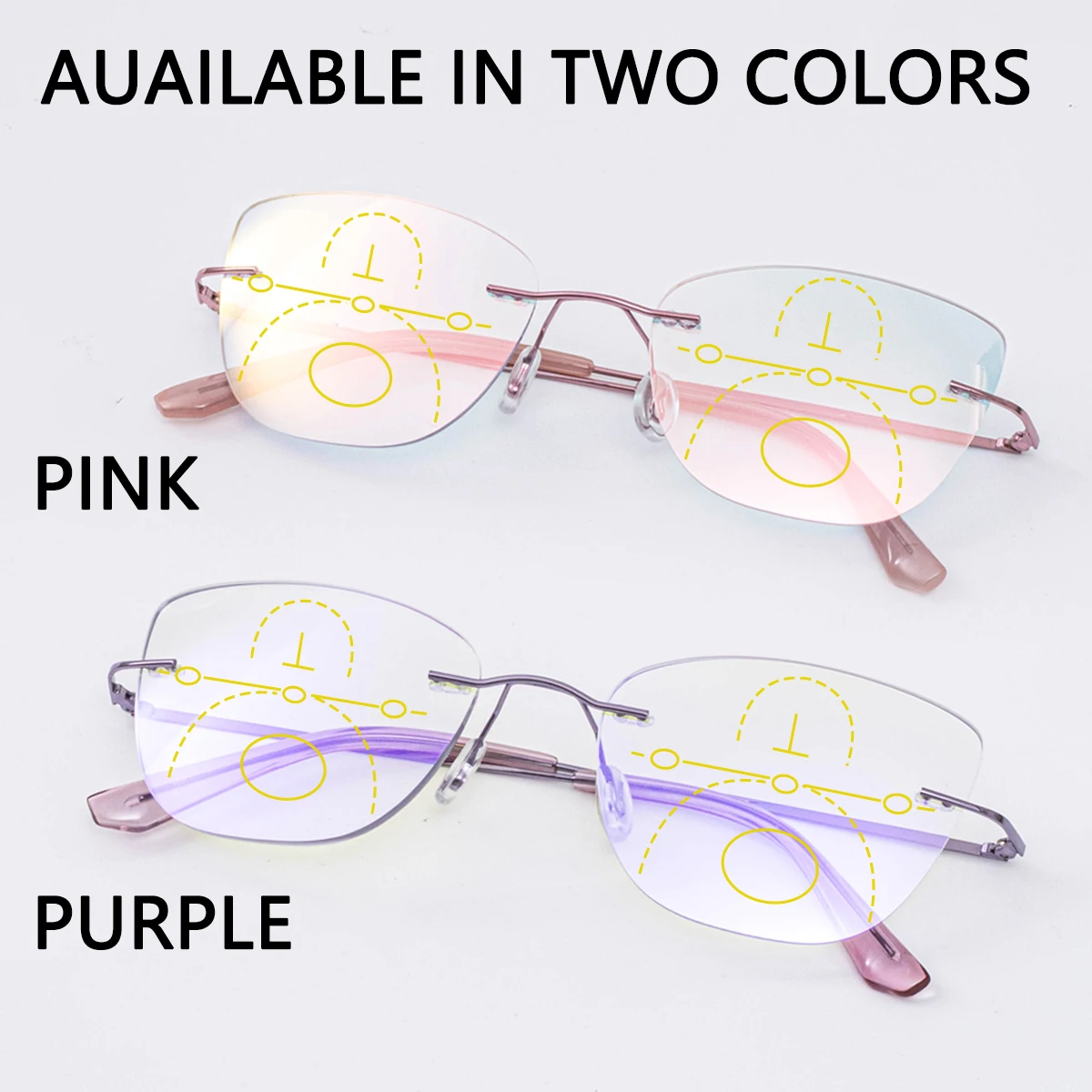 Progressive Multifokal-Lesebrille für Damen, randlos, Anti-Blaulicht, Presbyopie-Brille, luxuriöse, kantengeschliffene, lila-rosa Brille