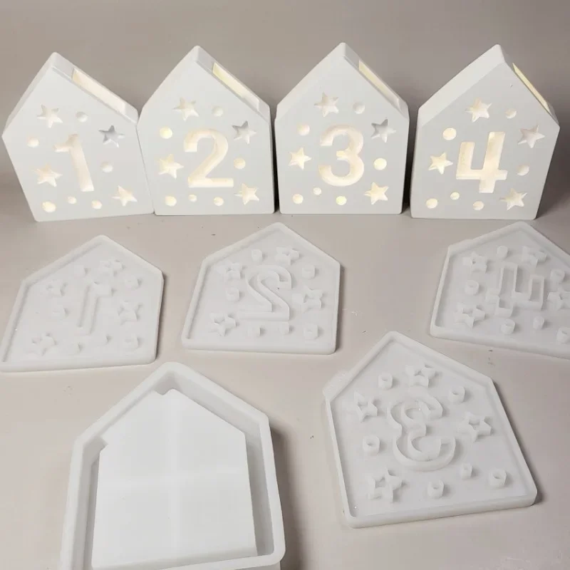 Number 1234 Hollow Splicing House Silicone Mold Star House Ornaments Silicone Mold Lighting House Candle Holder Cement Mould