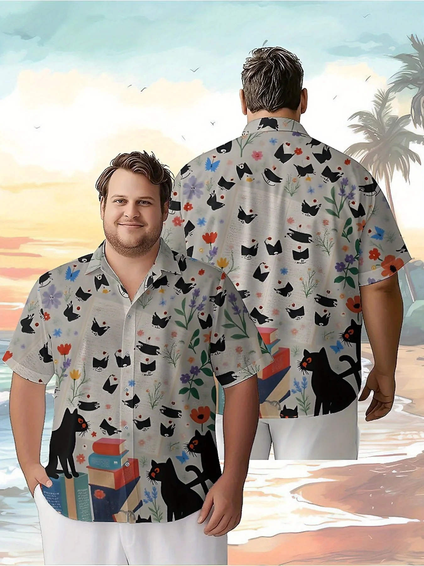 Men's Plus Size Hawaiian Shirts Butterflies and Cats Pattern,Unisex Baggy Aloha Shirts,Alternative Clothing
