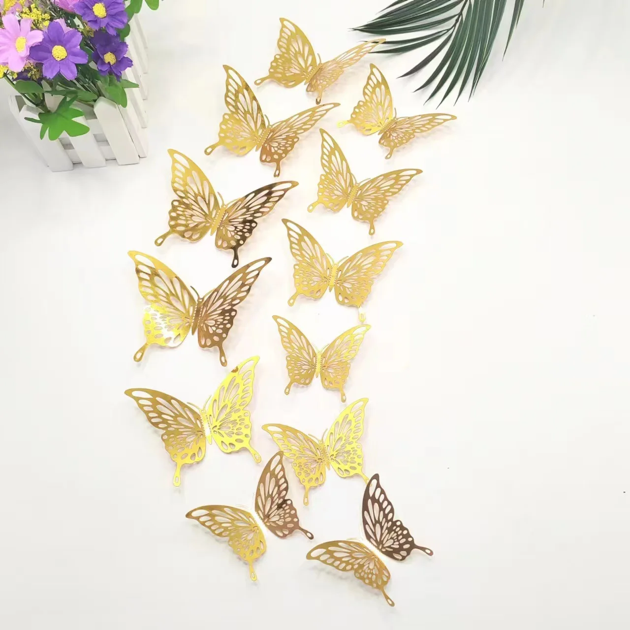 3D 할로우 레인보우 골든 실버 나비 벽 스티커, 아트 홈 장식, 파티 웨딩용 벽 데칼, 12 개/로트