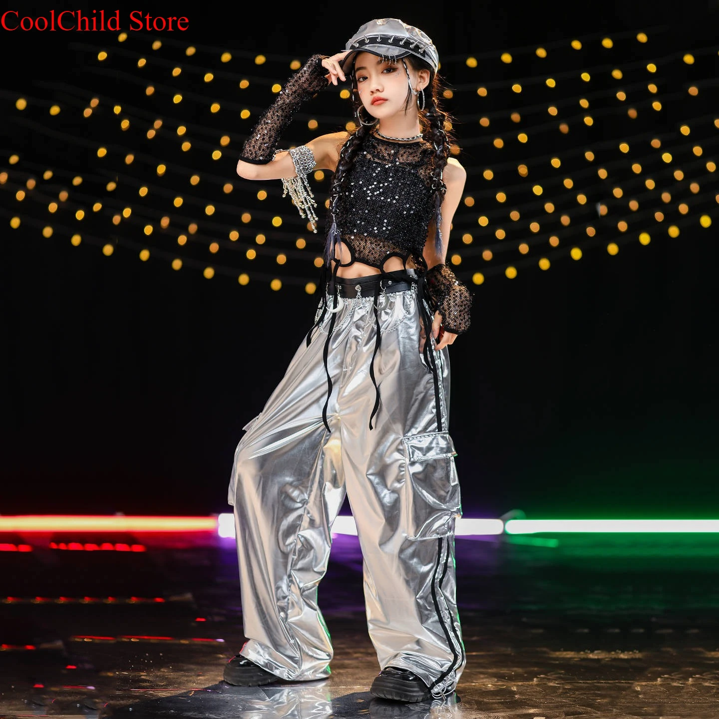 الفتيات الهيب هوب الترتر لامعة المحاصيل هوديس السراويل البضائع الفضية الاطفال K-pop الجاز الملابس مجموعات الأطفال فتاة مجموعة الشارع الشهير ازياء #4