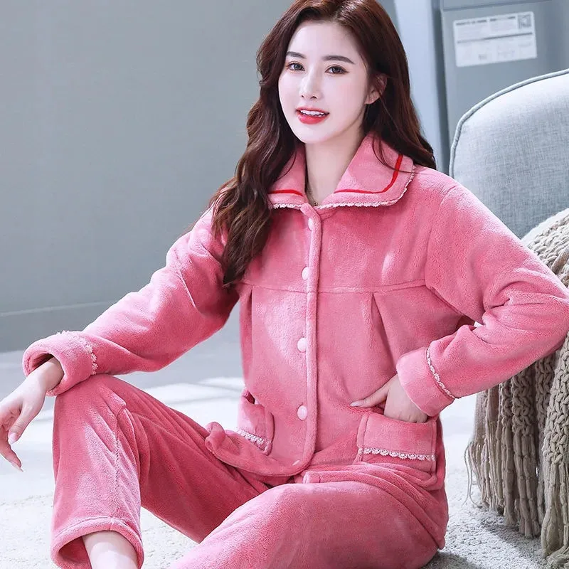 Autumn Flannel Pajamas Set Women Winter Warm Pyjamas Sets Long Sleeve Trousers Velvet Coral Thicker Pijama Homewear