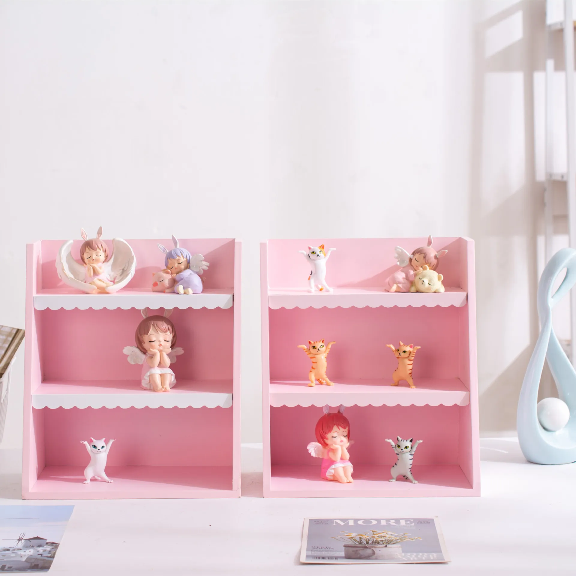 Pink Wooden Storage Rack Desktop Shelving Blind Box Storage Rack DIY Doll Storage Display Cabinet Cosmetic  Rack